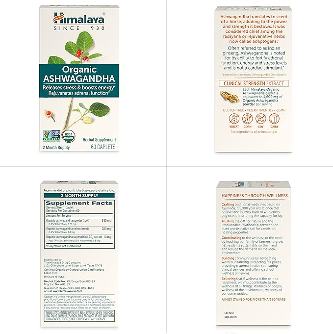 Himalaya Organic Ashwagandha, 120 Day Supply, Herbal Supplement for Stress Relief, Energy, Occasional Sleeplessness, Excipient Free, Organic, Non-GMO, Vegan, Gluten Free, 670 mg, 60 Caplets, 2 Pack