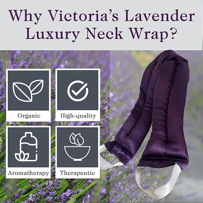 Victoria's Lavender Luxury Microwavable Aromatherapy Lavender Neck Wrap Provides Stress & Neck Pain Relief, Organic Lavender Buds & Flax Seed, Extra Long - Made in The USA