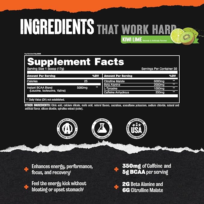 Animal Fury Pre Workout Powder - Endless Energy and Focus Supplement with 5g BCAA, 350mg Caffeine Nitric Oxide Booster with Beta-Alanine Preworkout for Men and Women, NEW Kiwi Lime Flavor, 30 Servings