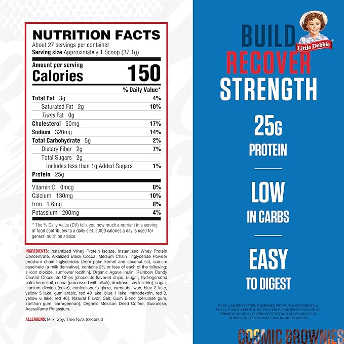 Ryse Loaded Protein Powder - Little Debbie Cosmic Brownie - 25g Whey Protein Isolate & Concentrate with Prebiotic Fiber & MCTs - Low Carb, Low Sugar, Digestive-Friendly - 54 Servings / 4 lb Tub