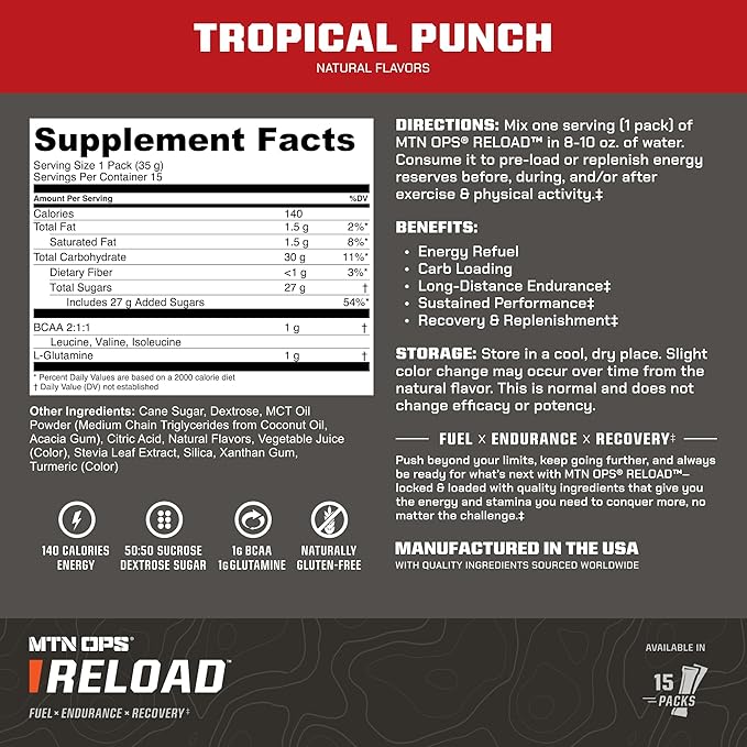 MTN OPS Reload Ready-to-Mix Carb Mix, 30g Fast-Digesting Carbohydrates, MCT Oil Powder & BCAAs, Energy & Endurance, Single-Serve Stick Packs, 15 Servings, Tropical Punch