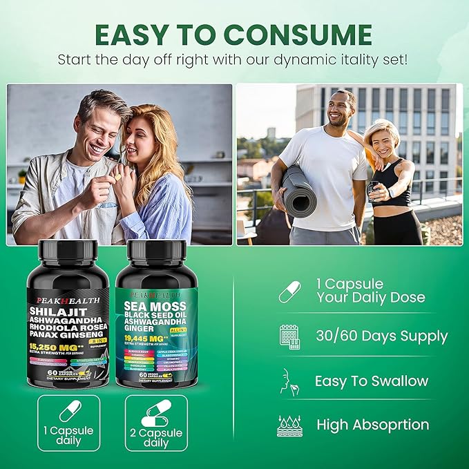 Shilajit + Sea Moss Capsules Bundle – 2 Bottle Combo with Ashwagandha, Panax Ginseng, Rhodiola & Black Seed Oil – 19,445mg Herbal Formula – Energy & Immune Support – 60 Capsules Each,Easy to Swallow