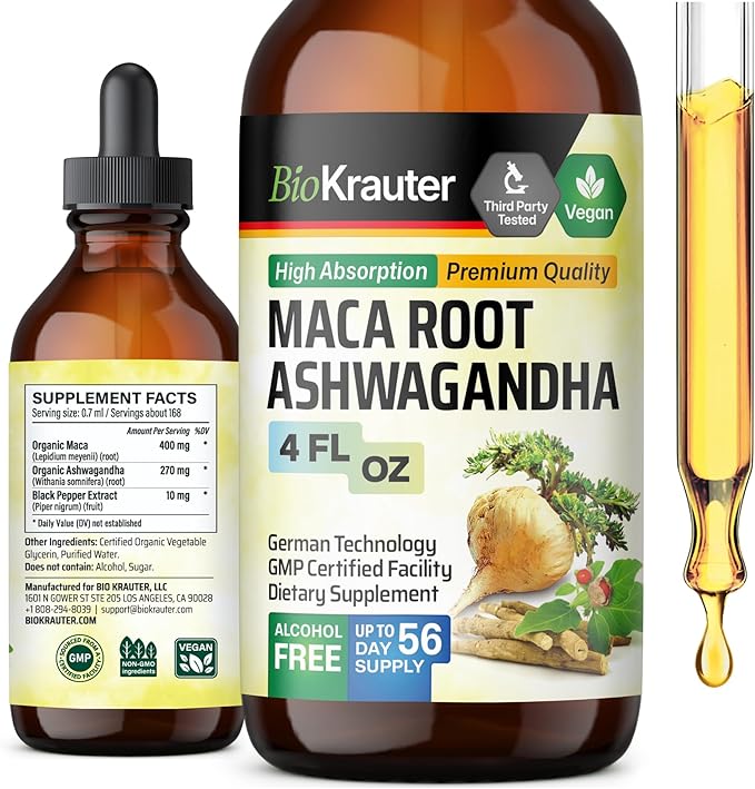 BIO KRAUTER Maca Root and Ashwagandha Tincture - Maca & Ashwagandha Supplements for Men & Women - Adaptogenic Liquid Supplement for Mood Support - Alcohol and Sugar Free Vegan Drops 4 Fl.Oz.