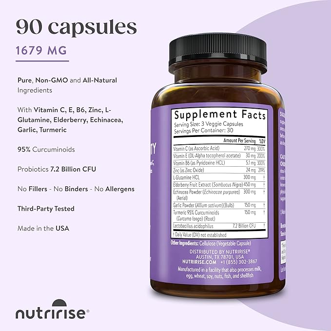 NutriRise Immunity Complex Immune Support Supplement with Vitamin C, E, B6, Zinc, Turmeric Curcumin, Elderberry, Echinacea, 7.2 Billion CFU Probiotics for Gut Health, 90 Count