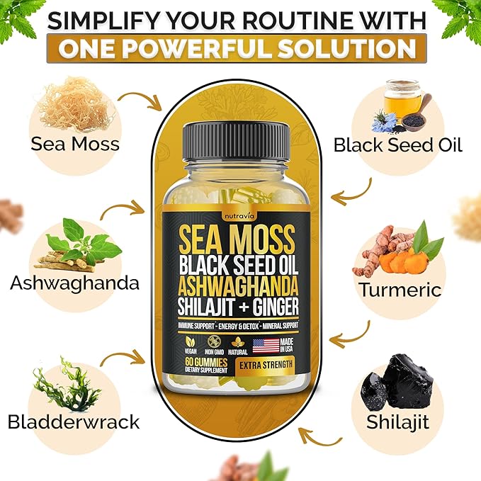 Sea Moss, Black Seed Oil, Ashwagandha, Ginger, Shilajit Gummies with Elderberry, Chlorophyll, Turmeric Bladderwrack Sea Moss Gummies Advanced Strength Formula - All in 1 Bundle - USA Made (60 Gummies)