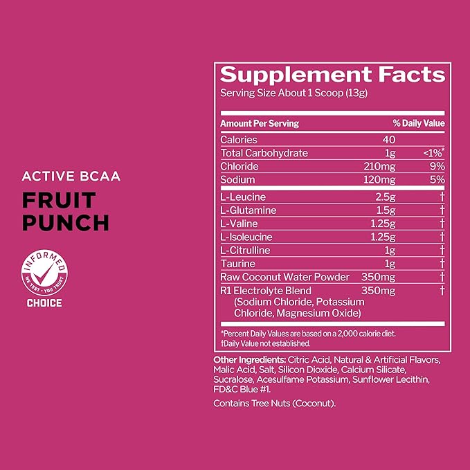 Rule 1 Active BCAA - Performance, Hydration, and Recovery Support with 5g BCAAs + Electrolytes, L-Glutamine, and Citrulline (30 Servings, Fruit Punch)