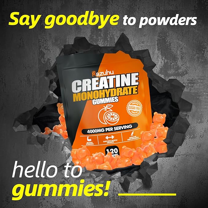Creatine Monohydrate Gummies for Men & Women, 4g of Creatine Monohydrate per Serving for Maximum Power Strength, Performance, Sugar Free, Vegan, Pre-Workout Supplement(120 Count)-Orange