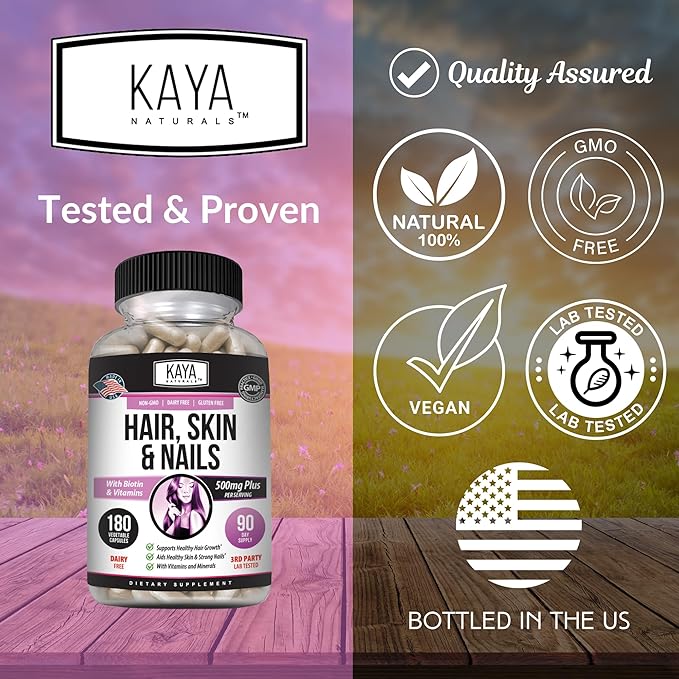 Kaya Naturals Hair Skin Nail Capsules BIOTIN Vitamin D Vitamin B-12 A Folic Acid Support, Hair Support Vitamin Supplement - 180 Count