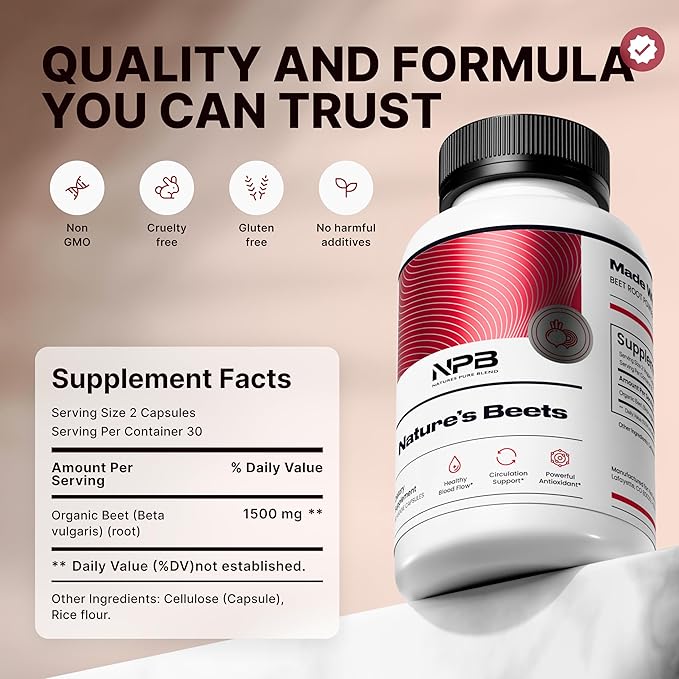 Nature's Pure Blend Organic Beet Root Powder Capsules – Beet Root Capsules & Beets Supplements for Circulation – L Arginine – Nitric Oxide Supplements – 1500MG