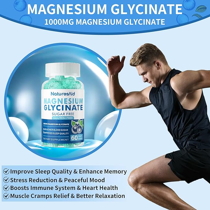 Magnesium Glycinate Gummies 1000mg - Sugar Free Magnesium Potassium Supplement with Vitamin D, B6, CoQ10 for Calm Mood & Sleep Support - 60 Blueberry Gummies -1 Pack