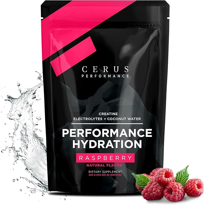 Cerus Performance - Performance Hydration Electrolyte Powder – Raspberry Flavor, 5g Creatine Monohydrate, 500mg Coconut Water Powder – Supports Endurance, Muscle Recovery & Keto 30 Servings
