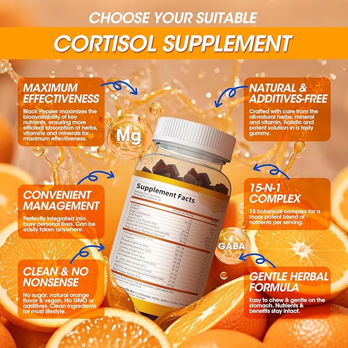 Cortisol Supplements for Women & Men, 15-in-1 Calm Cortisol Gummies with Ashwagandha, Magnesium, L-theanine, GABA, Phosphatidylserine, Vitamin C, D3, B6 for Mood, Sleep, Focus Support - Vegan, 1 Pack