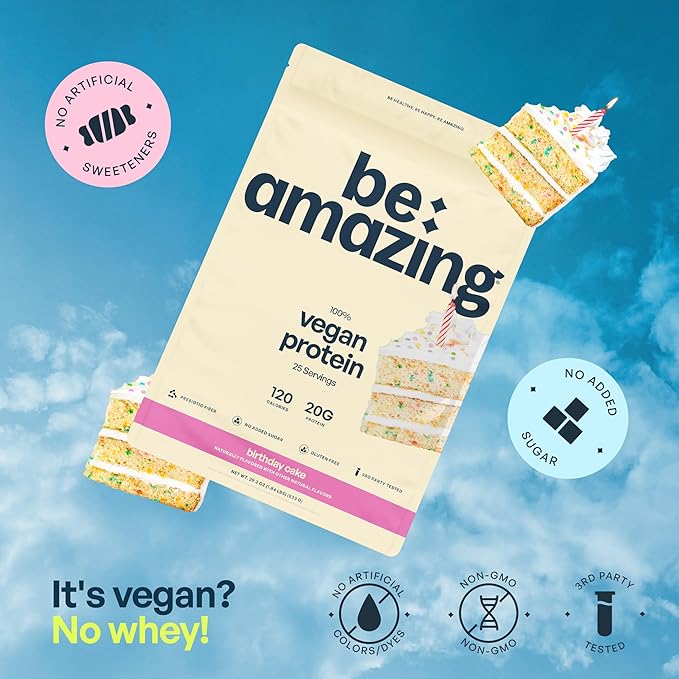 BEAM Be Amazing Vegan Protein Powder | 20g Plant-Based Protein with Prebiotics Fibers | Sugar-and-Gluten-Free Shake Mix, Low Carb, Non-Dairy Funfetti Smoothie | Birthday Cake, 25 Servings