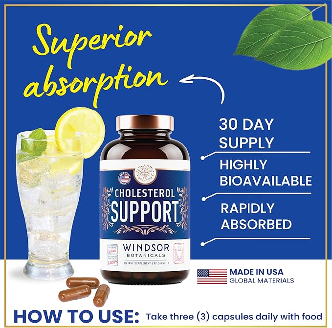 WINDSOR BOTANICALS Cholesterol Supplements - Citrus Bergamot, Niacin, Red Yeast Rice, Berberine, Aronia Berry Extract to Support Normal HDL and LDL Cholesterol Levels - 90 Vegan, Non-GMO Capsules