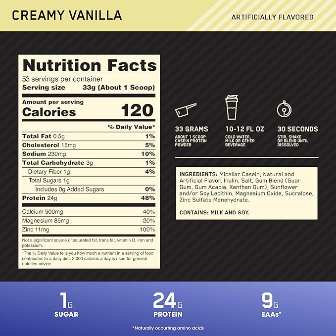 Optimum Nutrition Gold Standard 100% Micellar Casein Protein Powder, Slow Digesting, Helps Keep You Full, Overnight Muscle Recovery, Creamy Vanilla, 4 Pound (Packaging May Vary)