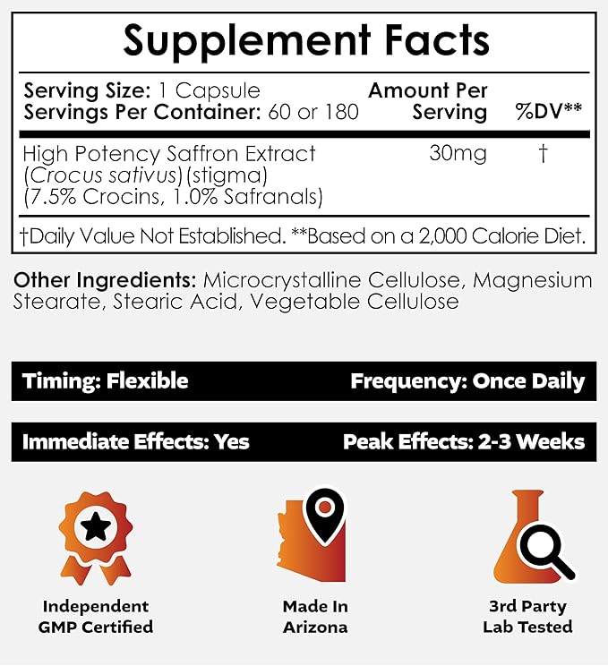 Nootropics Depot High Potency Saffron Extract Capsules | 30mg | Minimum 7.5% Crocins and 1% Safranals | Crocus sativus | 60 ct