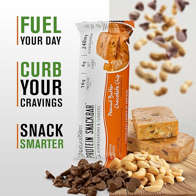 NaturalSlim Protein bars with Ashwagandha & Turmeric - High Protein Snacks Sweetened with Monkfruit & Stevia - Low in Carbohydrates & Low Calorie Snacks - Peanut Butter Chocolate Chip 8 bars/Box