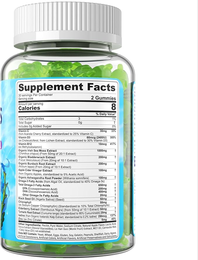 Sea Moss Gummies + Omega-3 Vegan for Man Women, Organic Irish Seamoss Supplement w/Ashwagandha, Turmeric, Elderberry, Vitamins D3, B12, C, Burdock Root, Bladderwrack, for Brain, Energy, Immunty, 60Cts