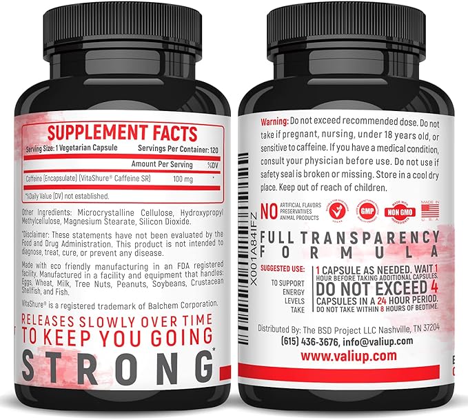 VALI Time Release Caffeine 100mg Pills - Smart Slow Release for Extended Energy & Focus. Advanced Nootropic Supplement. Brain Booster for Active Performance, Alertness & Clarity. 120 Veggie Capsules