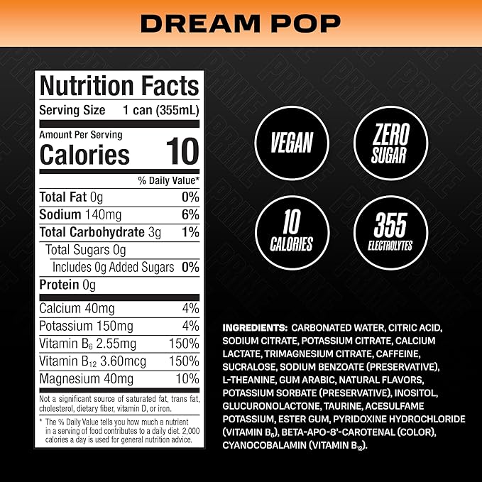 PRIME Energy DREAM POP | Zero Sugar Energy Drink | Preworkout Energy | 200mg Caffeine with 355mg of Electrolytes and Coconut Water for Hydration| Vegan | Gluten Free |12 Fluid Ounce | 12 Pack