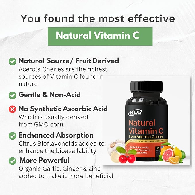 Natural Vitamin C from Organic Acerola Cherry - High Absorption - with Garlic Ginger & Citrus Bioflavonoids - Immune System & Collagen Booster - Anti Aging Skin Vitamins