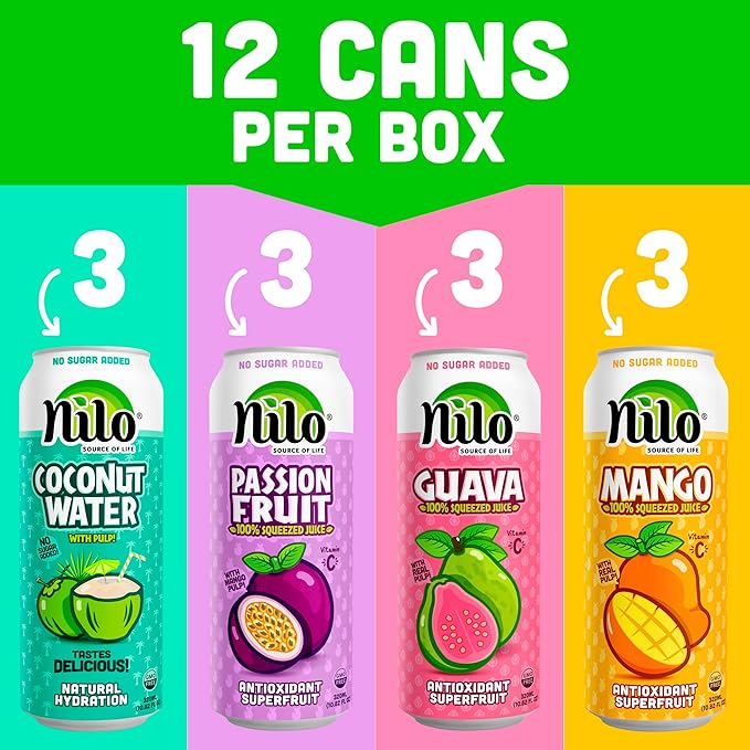 NILO Variety Pack | 100% Squeezed Juice Guava Mango Coconut Water Passion Fruit | NO Sugar added | NON GMO | NOT From Concentrate | 10.82 oz (Pack of 12)