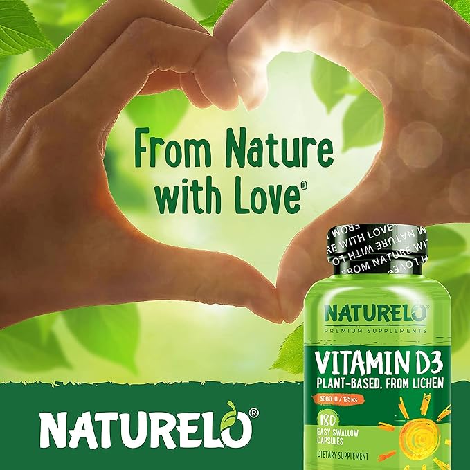 NATURELO Vitamin D - 5000 IU - Plant Based from Lichen - Natural D3 Supplement for Immune System, Bone Support, Joint Health - High Potency - Vegan - Non-GMO - Gluten Free - 180 Capsules (Pack of 2)