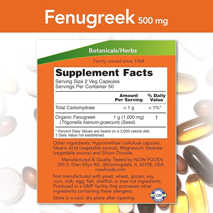 NOW Foods Fenugreek 500 mg Caps, 2 pk