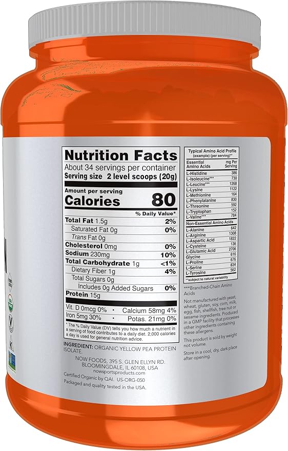 NOW Foods Sports Nutrition, Certified Organic Pea Protein 15 Grams, Unflavored Powder, 1.5-Pound