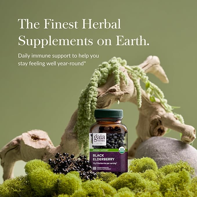 Gaia Herbs Black Elderberry - Daily Immune Support Supplement to Help Maintain Well-Being- with Black Elderberries and Acerola Fruit for Antioxidant Support - 120 Vegan Capsules (60-Day Supply)