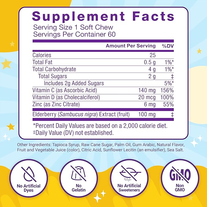 FORCE FACTOR Kids Immune Health Super Chews, Kids Immune Support Supplement with Vitamin D for Kids, Elderberry, Vitamin C, & Zinc, 2-Month Supply, Non-GMO, Apple Berry Flavor, 60 Soft Chews