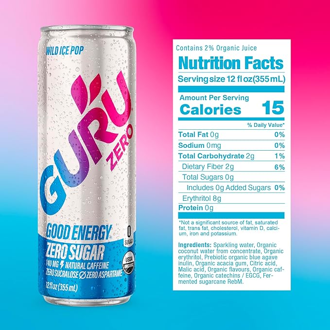 GURU ZERO SUGAR Organic Energy Drinks Variety Pack, Clean Energy Drink with Plant Based Natural Caffeine from Green Tea, Coconut Water, Prebiotic, Zero Added sugars, Gluten Free and Vegan, Pre Workout, Healthy Drinks, 12oz (Pack of 12)