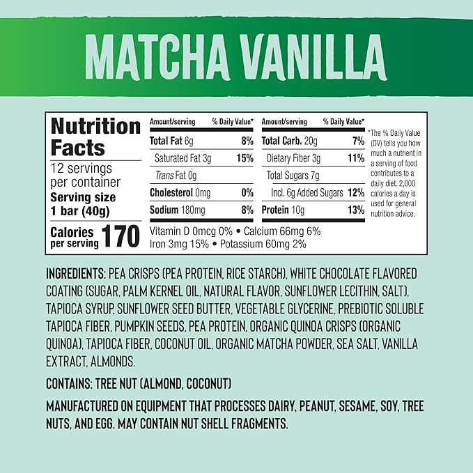 Mezcla Vegan Protein Bars, Gluten Free Snack Made with Pumpkin Seeds, Pea Protein, Organic Vanilla and Other Premium Ingredients, Healthy Snacks, Matcha Vanilla, 10g of Protein, 12 Pack