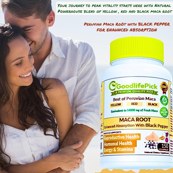 Peruvian Maca Root Capsules 150 ct. Powerful Maca Blend of Yellow Red & Black Maca Root with Black Pepper. All Natural NonGMO Vegan No Stearate No Rice Powder No Silica No Filler