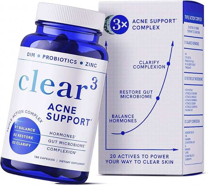 Clear Skin Acne Supplement with Zinc, DIM & Probiotics | 3-in-1 Balance, Clarify, Restore Support with Hyaluronic Acid & Skin Support Vitamins | for Women & Men | Oral Hormonal Acne Pills | 180 Ct