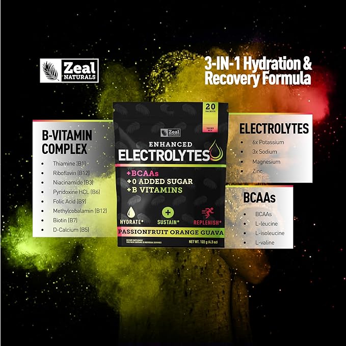 Enhanced Electrolyte Powder Stick Packs (Passionfruit Orange Guava | 20 Packets) w/ 0 Sugar +BCAAs +B-Vitamins Electrolyte Supplement w Potassium Zinc & Magnesium for Hydration - Keto Electrolytes