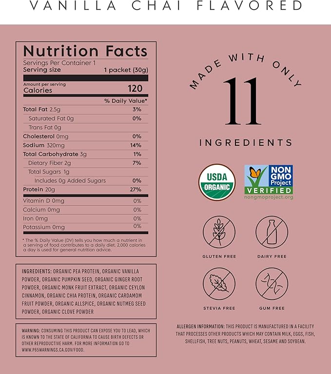 Truvani Vegan Pea Protein Powder | Vanilla Chai | 20g Organic Plant Based Protein | 10 Travel Packets | Keto | Gluten & Dairy Free | Low Carb | No Added Sugar