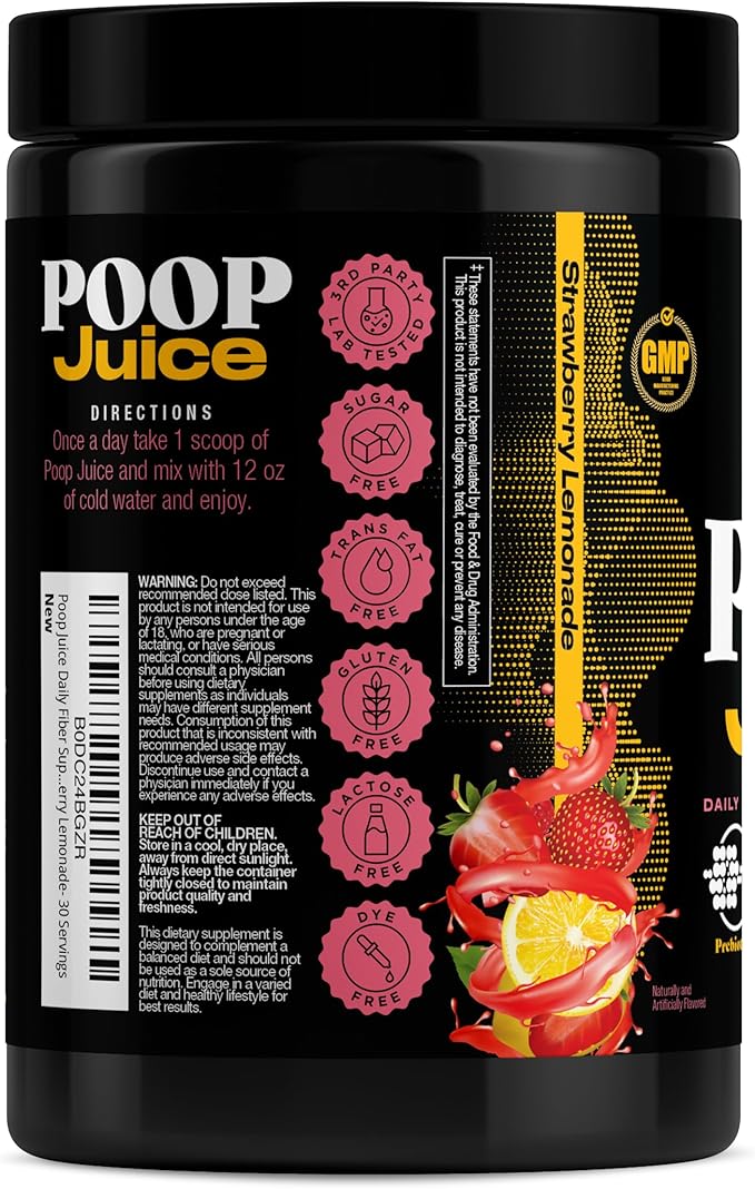 Poop Juice 5-in-1 Prebiotic, Probiotic, Postbiotic, Digestive Enzymes & Glutamine Supplement Powder - Bloat Relief, Gut & Immune Support - Sugar & Lactose-Free - 30 Servings (Strawberry Lemonade)