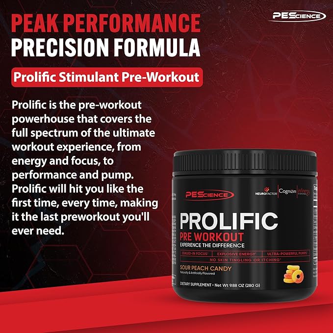 PEScience Prolific Energy Pre Workout – L Citrulline for Nitric Oxide, Rhodiola & CDP Choline Nootropic for Focus – Preworkout for Men & Women – 40 Scoops, Sour Peach Candy