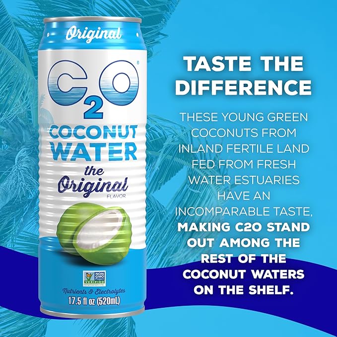 C2O - Coconut Water, The Original Flavor (12 Pack) - Made with Fresh Coconut Water, Plant Based - Non GMO Canned Water - Natural Hydration, Essential Electrolytes, & Potassium - 12 Cans, 17.5 FL OZ