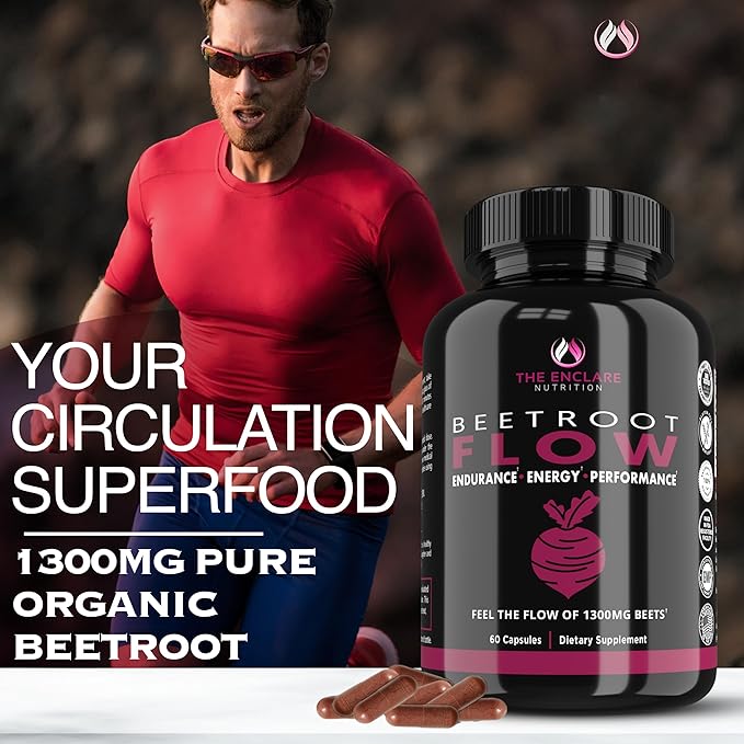 THE ENCLARE NUTRITION Beet Root Capsules 1300mg. Organic Beet Root Powder Capsules Support Heart Health, Blood Pressure, Brain, Energy. Beetroot Powder Nitric Oxide Supplements for Men & Women 60ct