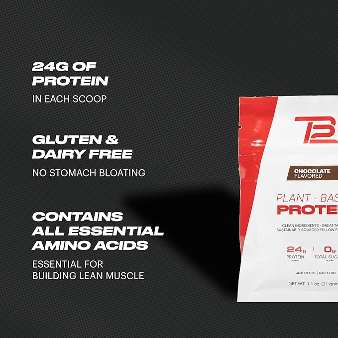 TB12 Plant Based Protein Powder by Tom Brady, 24g of Vegan Pea Protein, Low Sugar, Low Carb, Non-GMO, Meal Replacement, Keto Friendly, Paleo, Sugar Free, Chocolate Flavor (1.12 Ounce / 12 Pack)