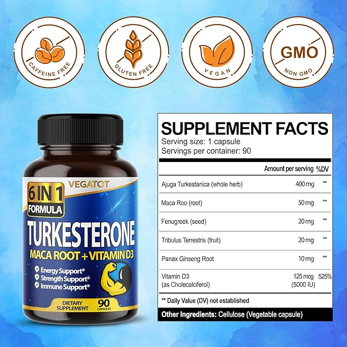 VEGATOT 6 in 1 High Strength Turkesterone Concentrated with Maca Root Fenugreek Tribulus Boost Energy Stamina 3-Month Supply (60 Count (Pack of 1))