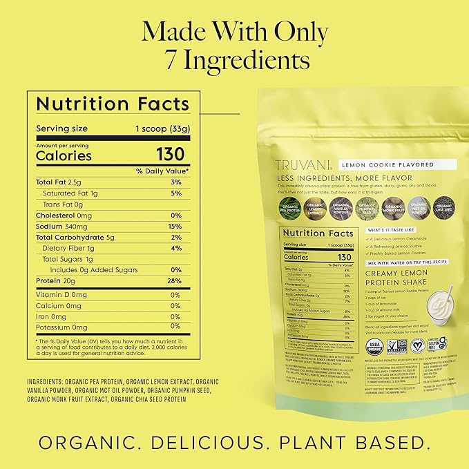 Truvani Vegan Pea Protein Powder | Lemon Cookie | 20g Organic Plant Based Protein | 20 Servings | Keto | Gluten & Dairy Free | Low Carb | No Added Sugar