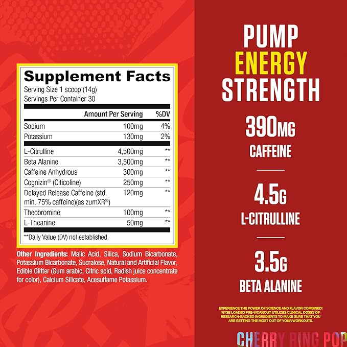 Ryse Loaded Pre Workout Powder - Ring Pop Cherry - Daily Pre-Workout for Men & Women with 325mg Caffeine, Beta Alanine, and Citrulline for Pump, Focus, and Energy - 30 Servings