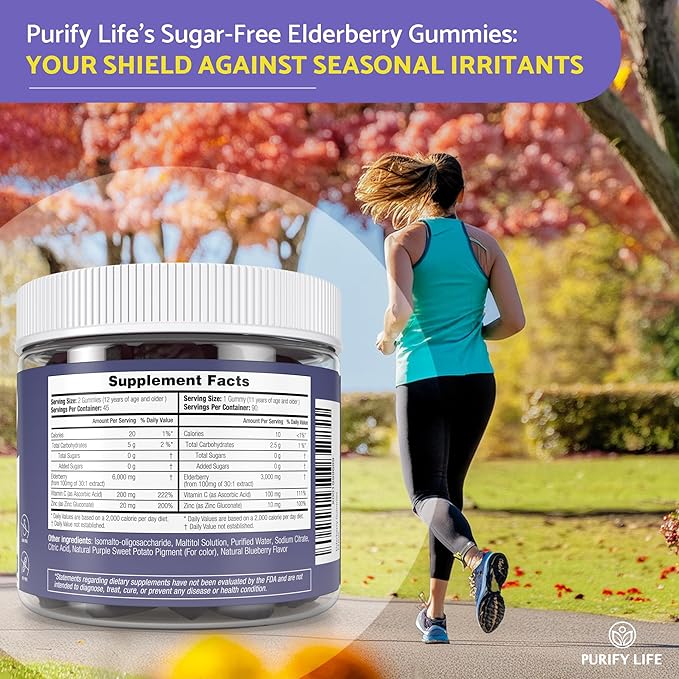 Purify Life Sugar-Free Elderberry Gummies with Vitamin C & Zinc for Adults and Kids, Immune Support Supplement for Respiratory Health, Sambucus Elderberry Antioxidant Gummies - Vegan, 90 Count
