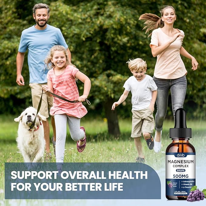 Magnesium Glycinate Liquid Drops, Magnesium Glycinate Supplement 500mg with Citrate, Malate, Ashwagandha, L-Theanine, Vitamin B6 for Sleep, Stress Relief, Bone, Muscle, Mood, Grape Flavor 2 Fl Oz