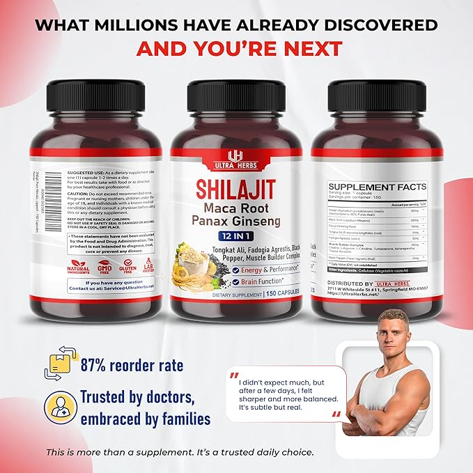 Shilajit Pure Himalayan - Energy Booster 85% Fulvic Acid, Maca Root, Panax Ginseng, Tongkat Ali, Fadogia Agrestis - Metabolism & Immunity Support - 150 Capsules