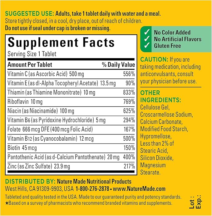 Nature Made Stress B Complex with Vitamin C and Zinc, Dietary Supplement for Immune Support, 75 Tablets, 75 Day Supply