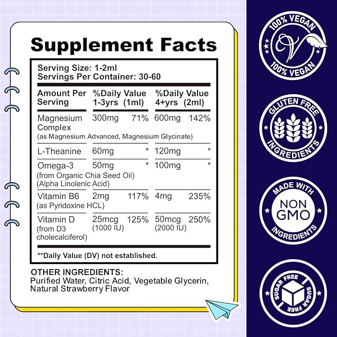 Kids Magnesium Liquid Drops-Magnesium Glycinate Liquid for Kids Supplement-w/L-theanine, Omega-3, Vitamin B6, D3 - for Sleep, Relaxation, Brain, Bones - 4 Fl Oz Children's Calm